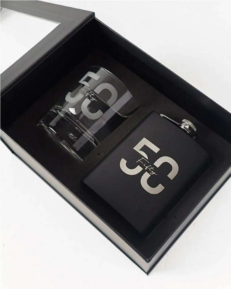 50th Birthday Engraved Black Hip Flask and Round Scotch Glass Set