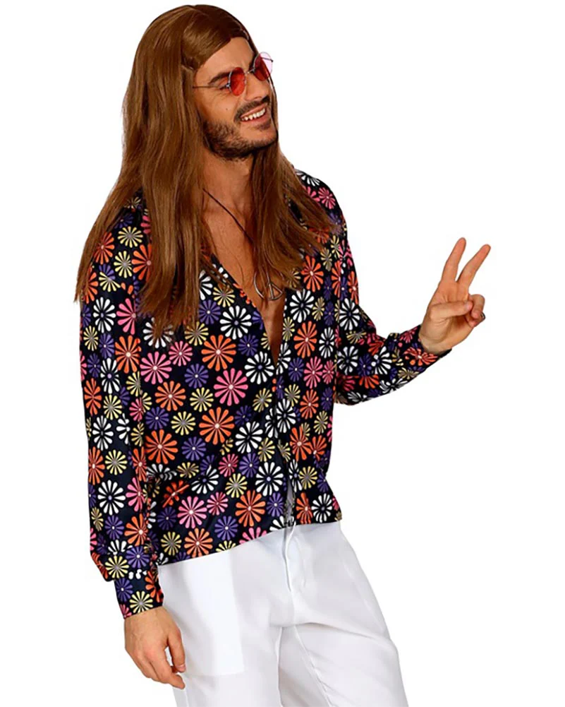 60s Groovy Blue Flowers Mens Shirt - Image 2
