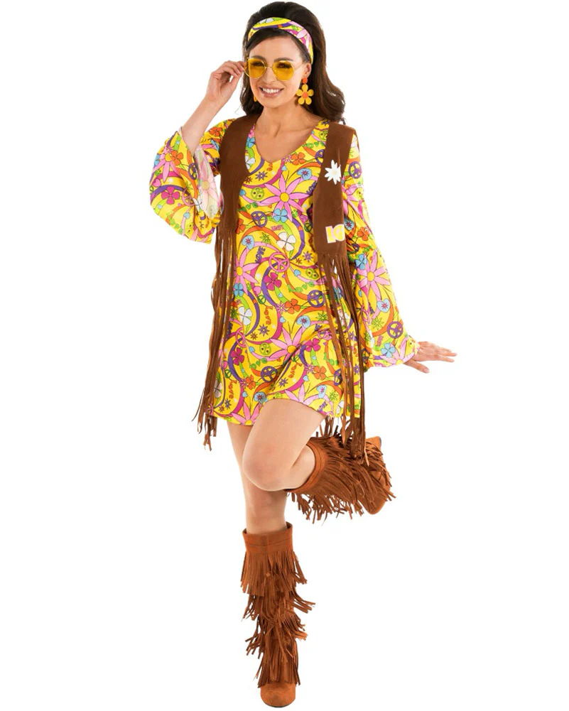 60s Yellow Hippie Dress Womens Costume - Image 6