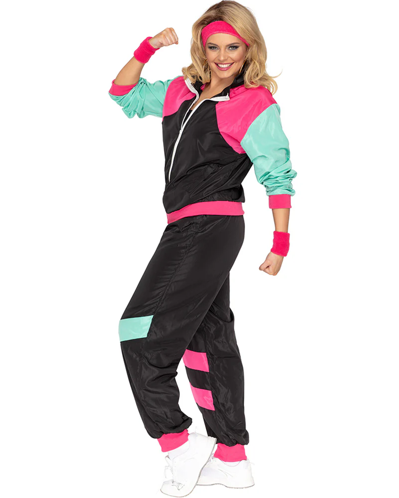 80s Black and Pink Deluxe Tracksuit Adult Plus Size Costume - Image 2
