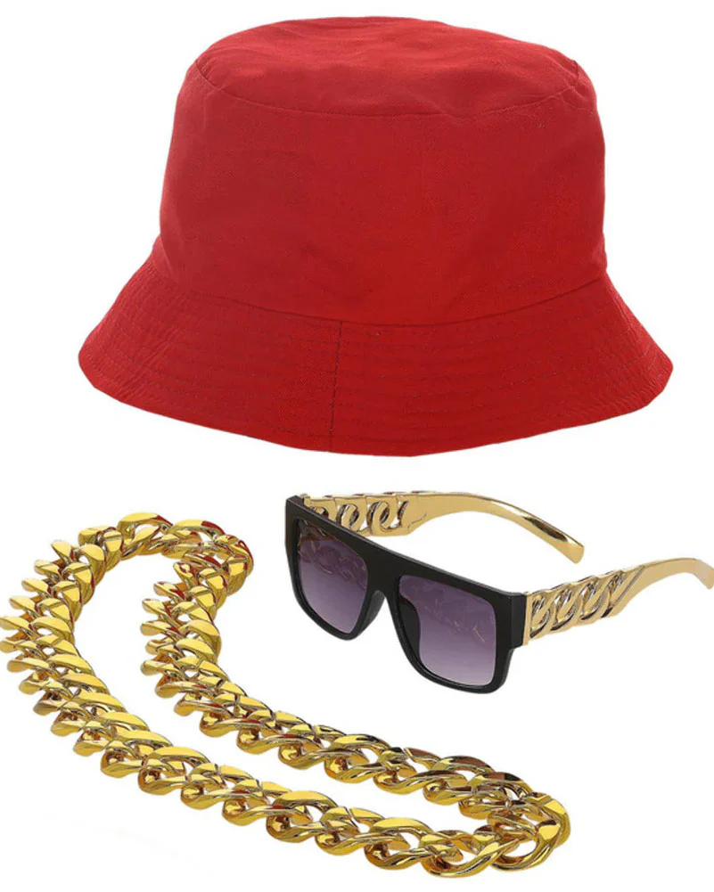 90s Hip Hop Bucket Hat Sunglasses and Necklace - Image 3