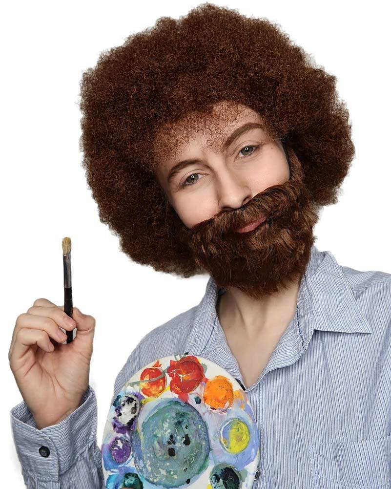 Bearded Painter Deluxe Brown Curly Wig and Beard - Image 2