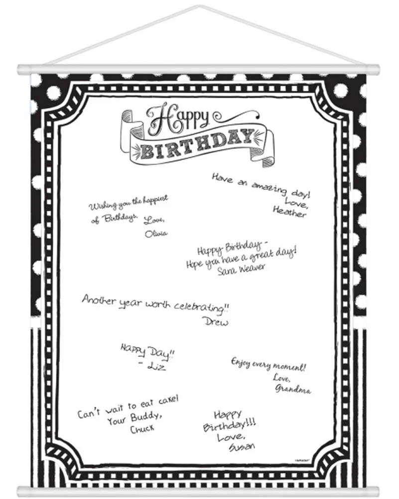 Black and White Happy Birthday Scoll Sign in Sheet