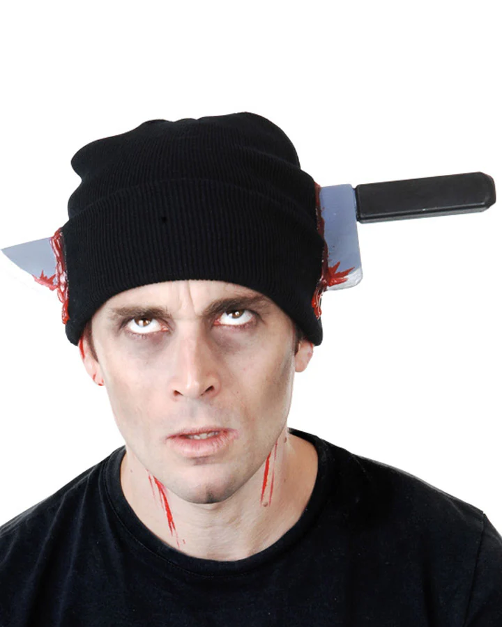 Black Beanie with Bloody Knife