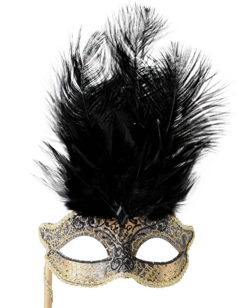 Black Masquerade Mask with Stick and Feathers