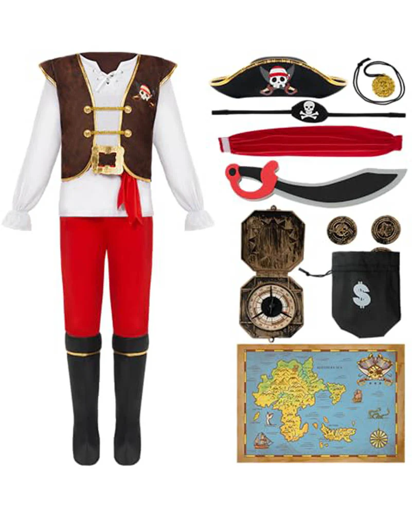 Black Red Brown Pirate Boys Costume - Image 2