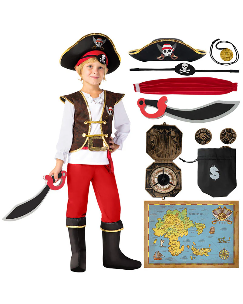 Black Red Brown Pirate Boys Costume - Image 3