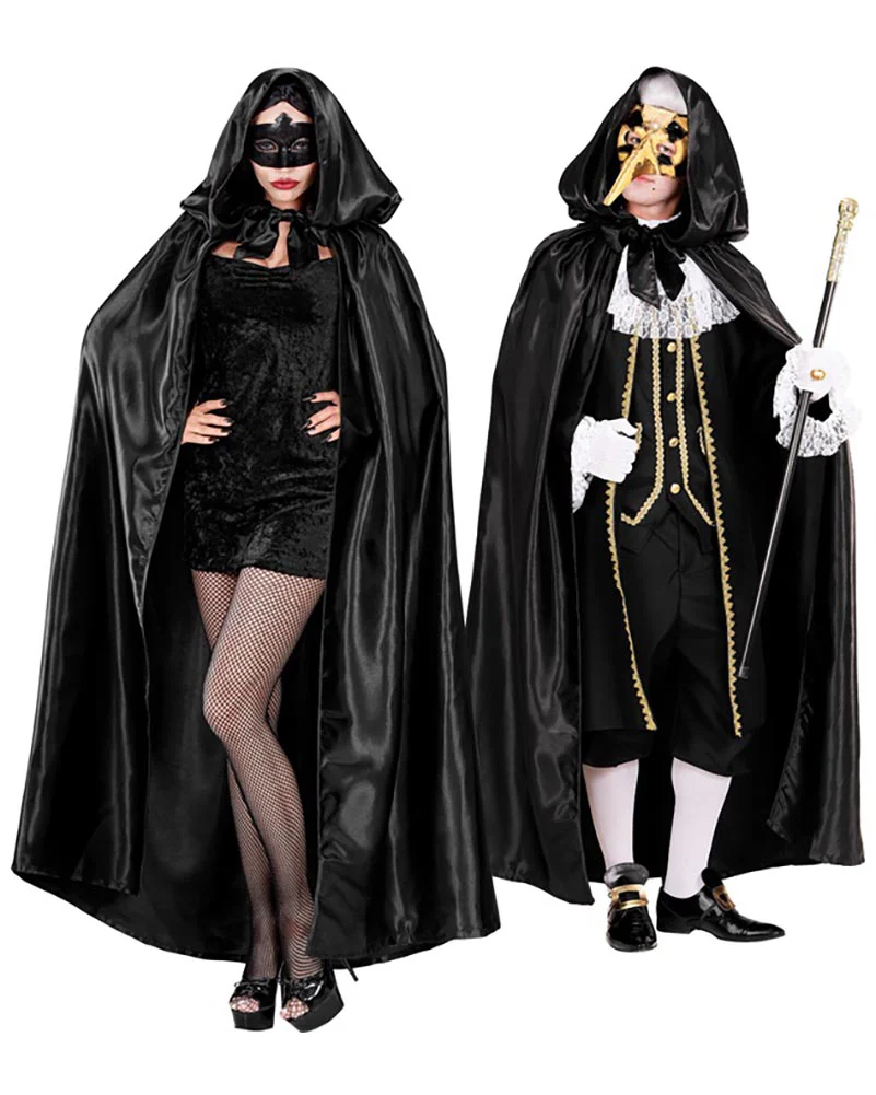 Black Satin Hooded Adult Cape - Image 4