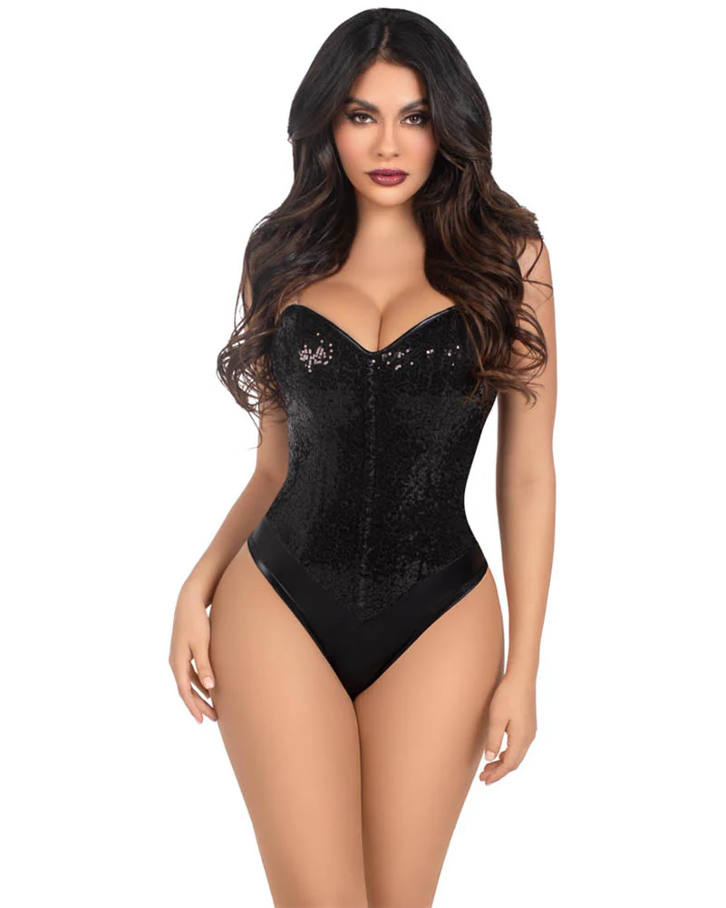 Black Sequin Deluxe Corset Boned Bodysuit