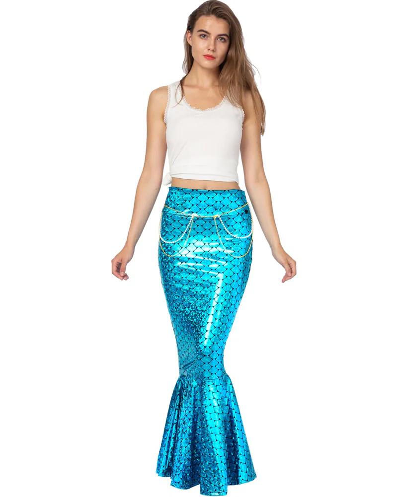 Blue Metallic Hologram Shiny Mermaid Womens Skirt - Image 2