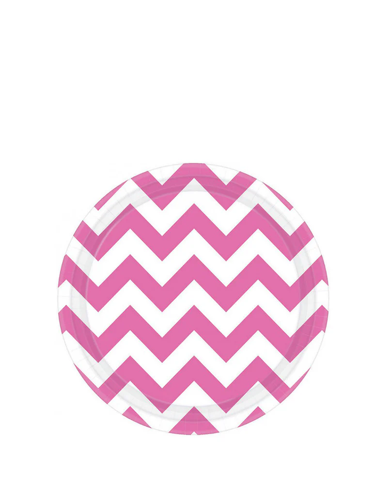 Bright Pink Chevron 17cm Round Paper Plates Pack of 8