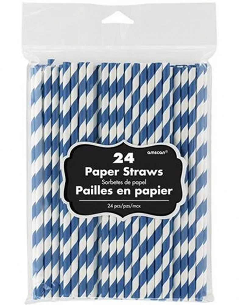 Bright Royal Blue Striped Paper Straws Pack of 24 - Image 2