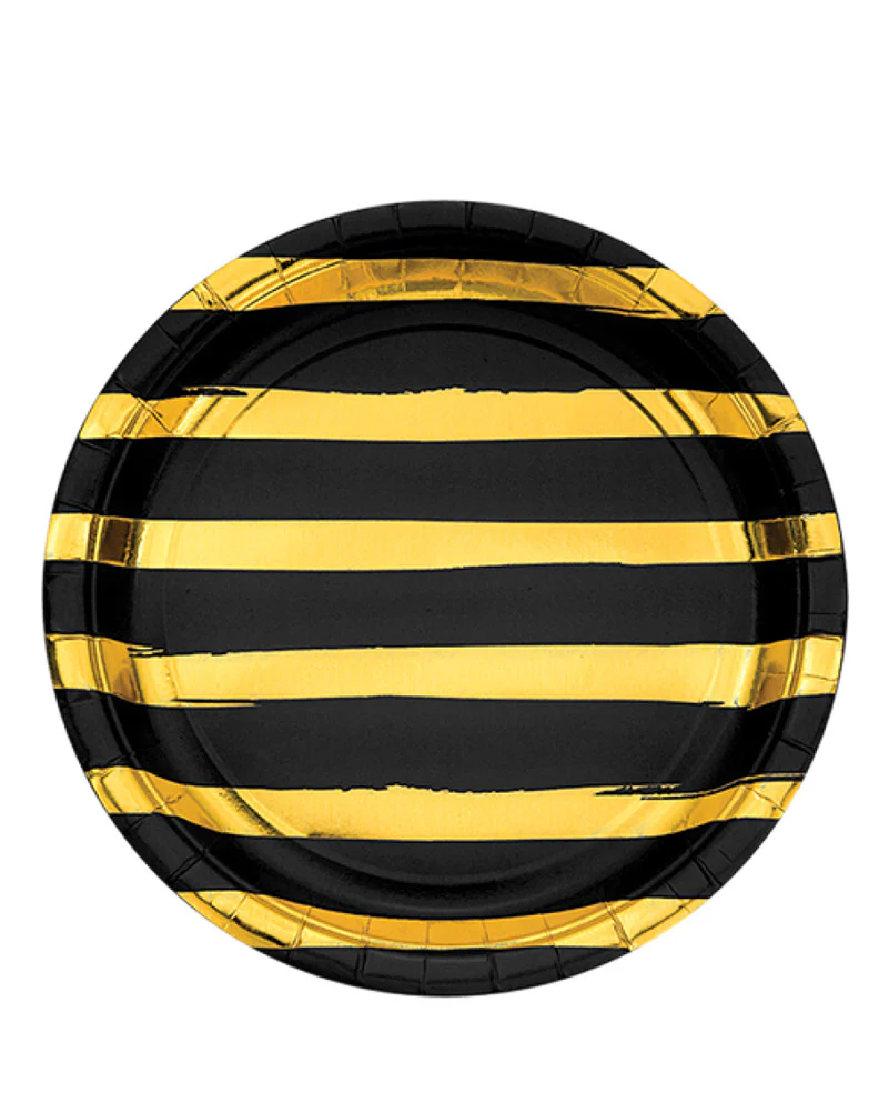 Christmas Black Velvet and Gold Foil Striped 22cm Dinner Paper Plates Pack of 8
