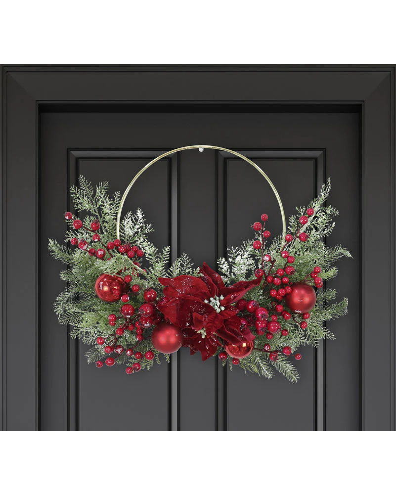 Christmas Icy Pine Poinsettia Half Wreath 60cm - Image 2