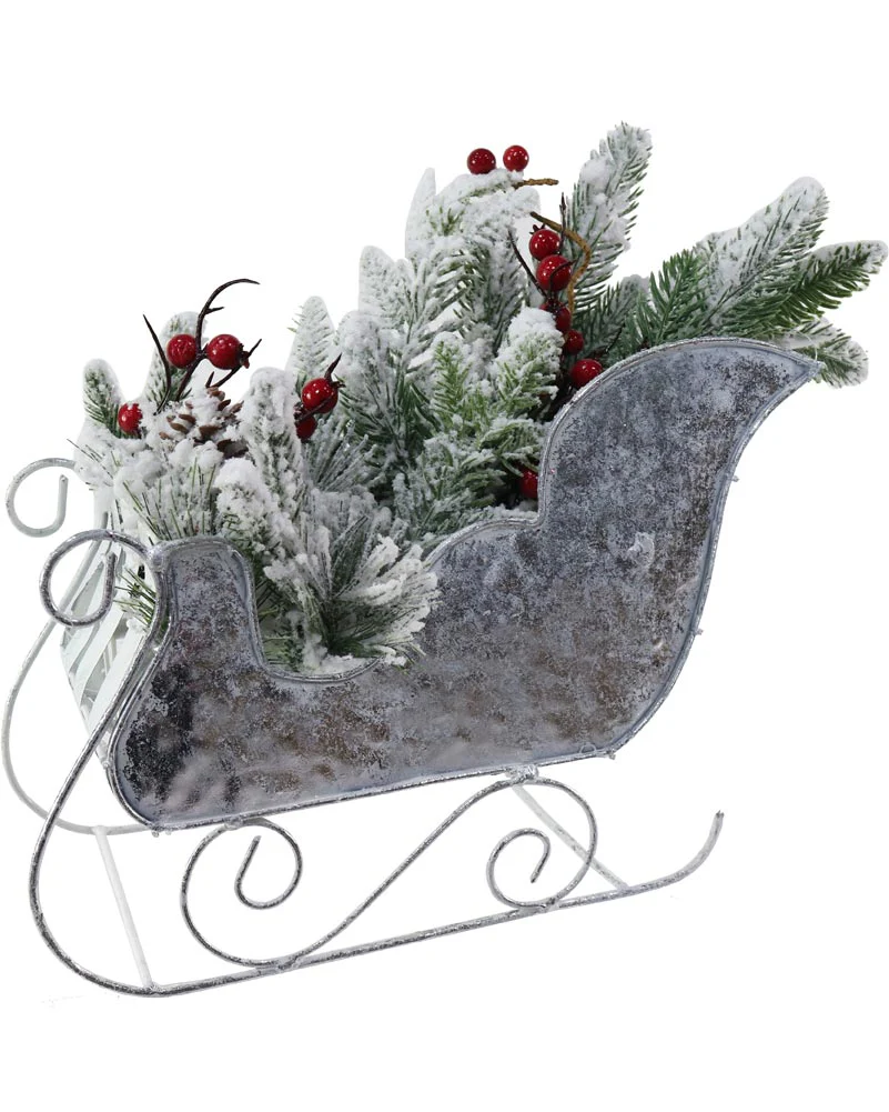 Christmas Snowy Metal Sleigh with Decoration 29cm
