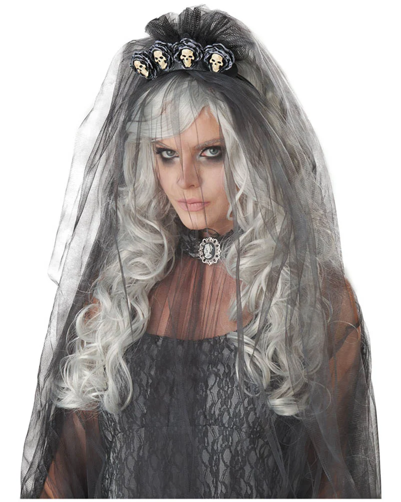 Dead Bride Long Grey Curly Wig - Image 2