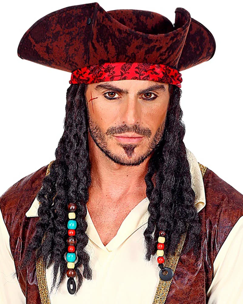 Distressed Pirate Tricorn Hat with Bandana and Dreadlocks