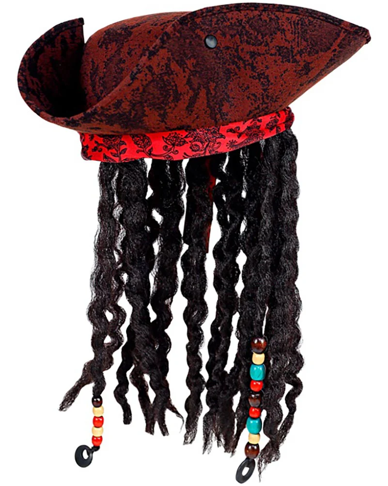 Distressed Pirate Tricorn Hat with Bandana and Dreadlocks - Image 2