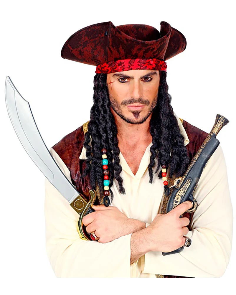 Distressed Pirate Tricorn Hat with Bandana and Dreadlocks - Image 3