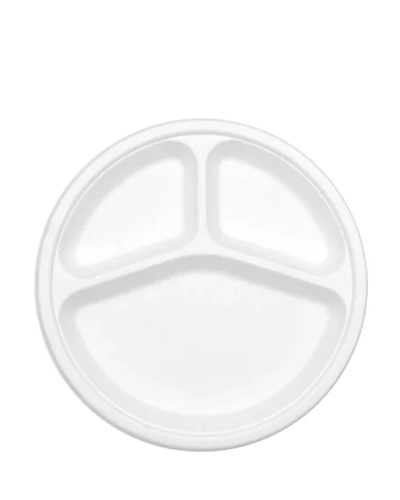 Eco White 25cm Round 3 Compartment Sugarcane Plates Pack of 25