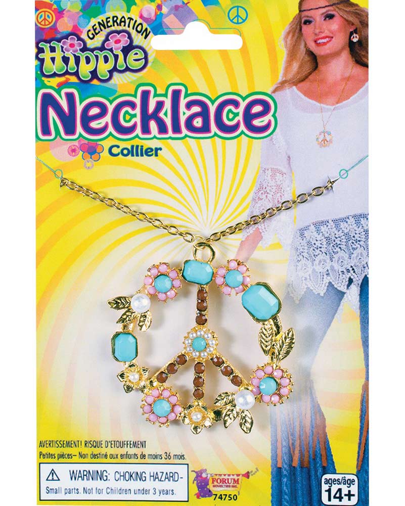 60s Flower Stone Hippie Peace Sign Necklace - Image 2
