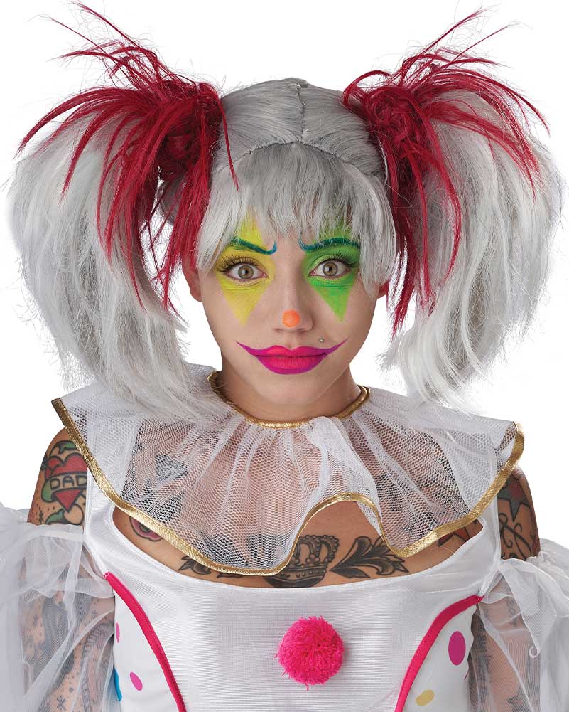 Glow in the Dark Punk Red and Grey Pigtails Wig - Image 3