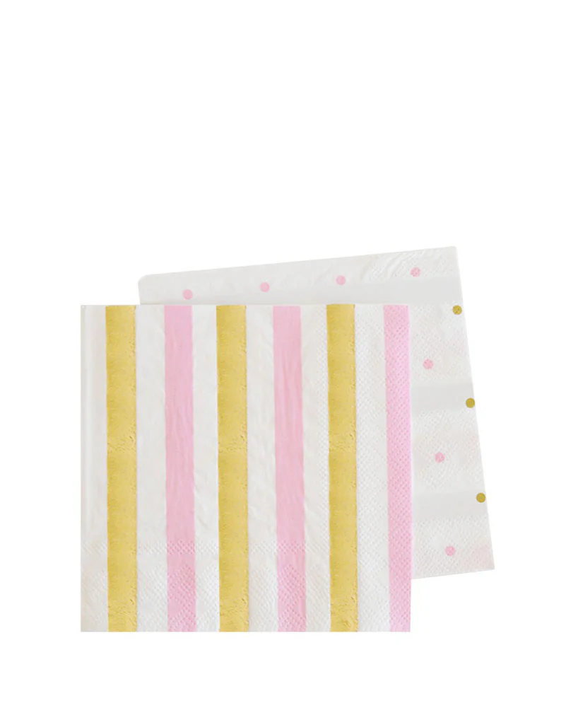 Gold and Pink Stripe and Dots Cocktail 12cm Napkins Pack of 20 - Image 2