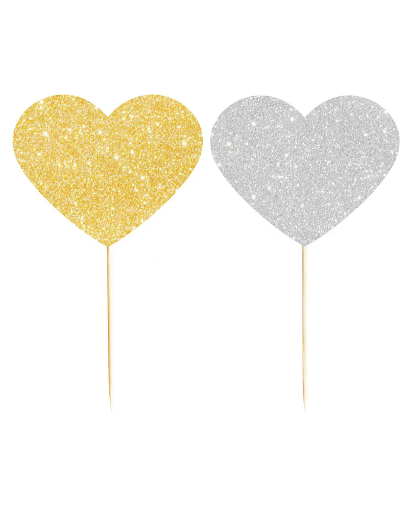 Gold and Silver Hearts Reversible Cupcake Topper Pack of 12 - Image 2