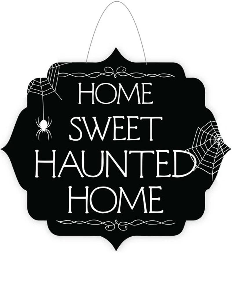 Halloween Classic Black and White Home Sweet Haunted Home Hanging Door Sign