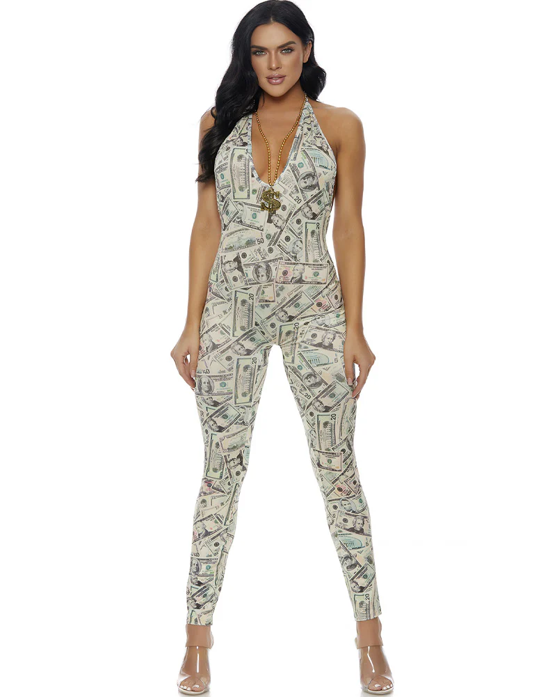 Halter Money Print Jumpsuit Womens Costume - Image 3