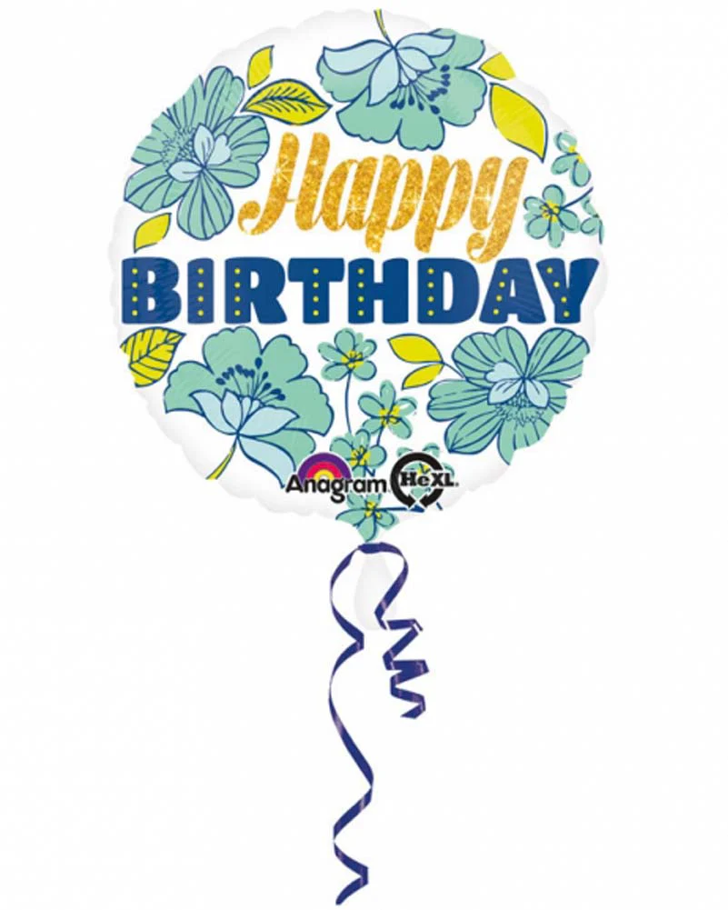 Happy Birthday Blue Sparkly Floral Foil Balloon