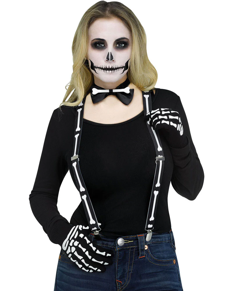 Instant Skeleton Gloves Bow Tie And Suspenders Set - Image 2