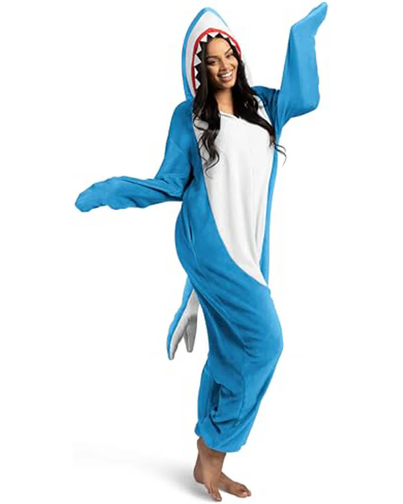 Light Blue Shark Hooded Adult Jumpsuit - Image 3