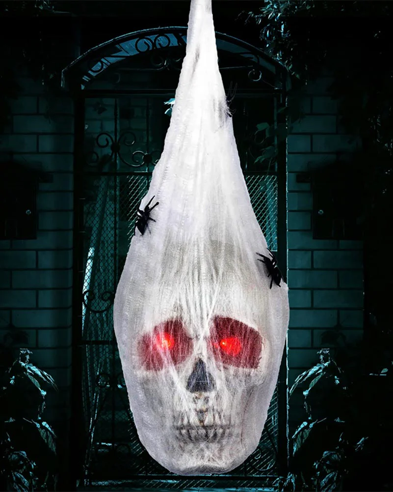 Light Up Hanging Skull Covered With Spider Web