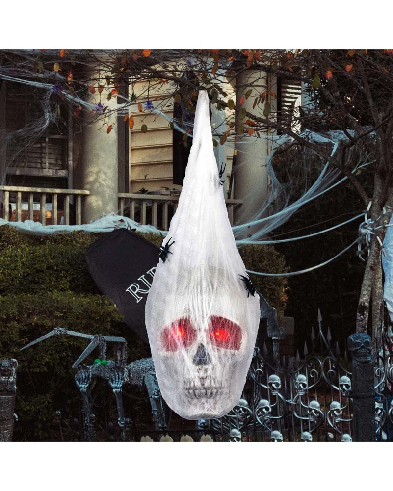 Light Up Hanging Skull Covered With Spider Web - Image 2