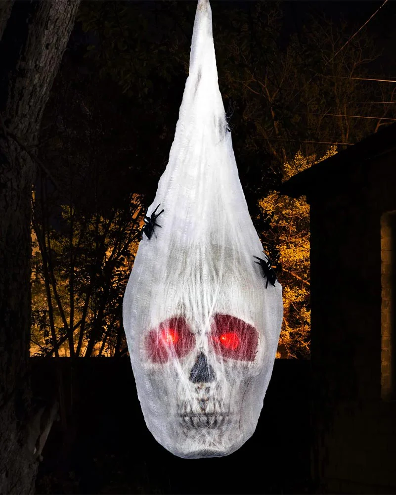 Light Up Hanging Skull Covered With Spider Web - Image 3