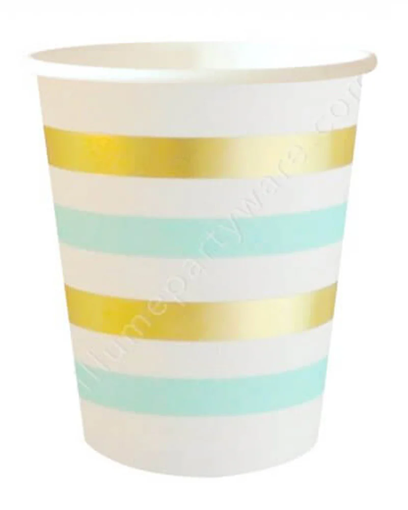 Mint Gold Stripes 300ml Paper Cups Pack of 10 - Image 2