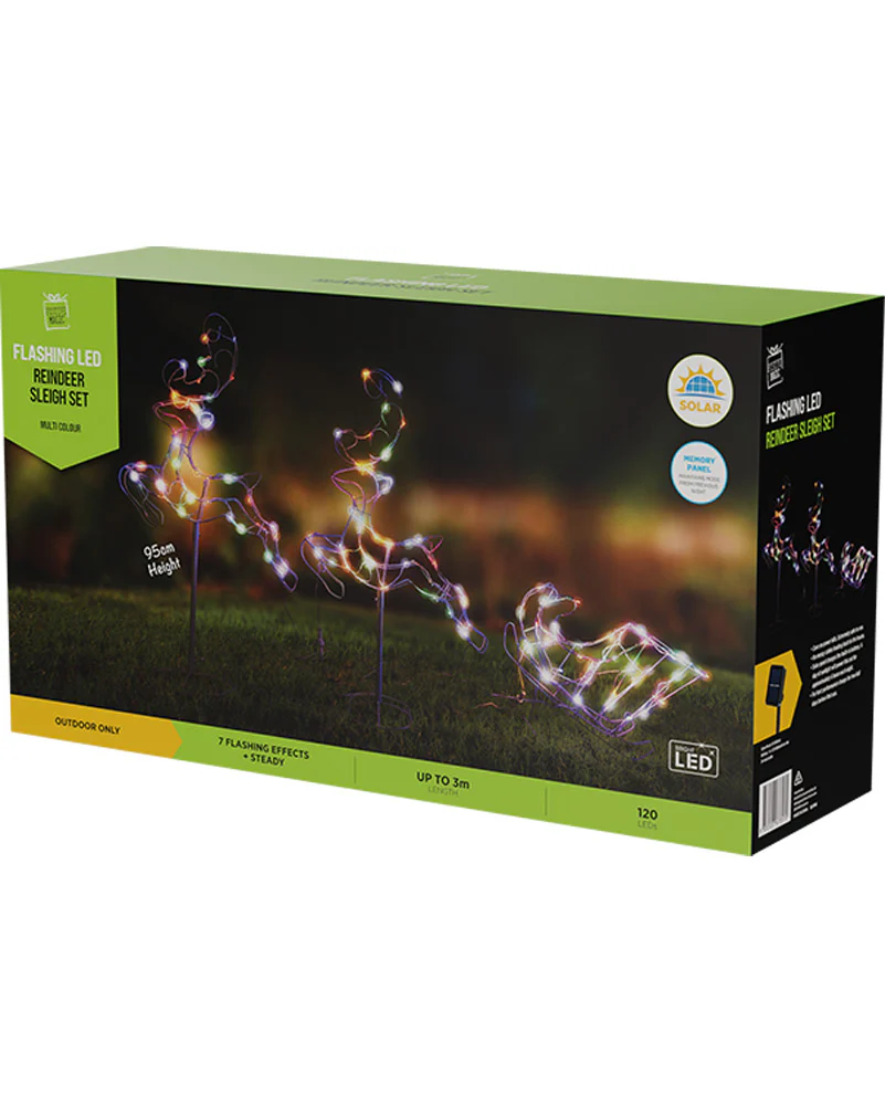 Multi-Coloured Leaping Reindeers With Sleigh Solar Christmas LED Light 3m - Image 3
