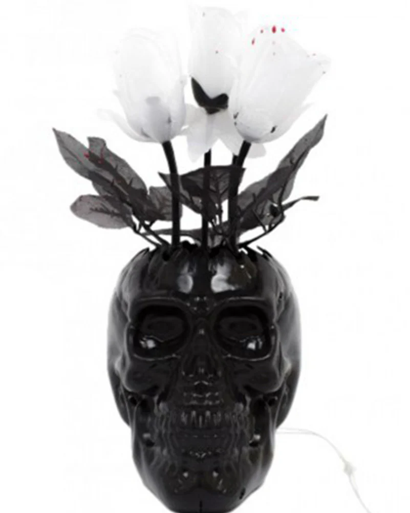 Musical Black Skull Vase with Animated Bloody Roses