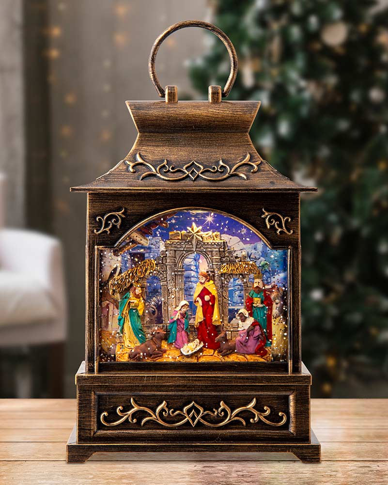 Musical Nativity Scene Lantern Glitter Swirl Christmas Decoration 27cm - Image 2