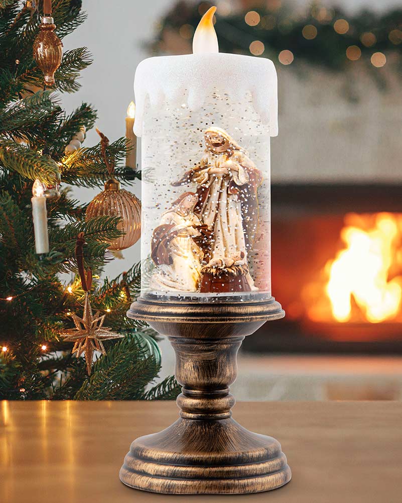 Nativity Pedestal Candle Glitter Swirl Christmas Decoration 28cm - Image 2