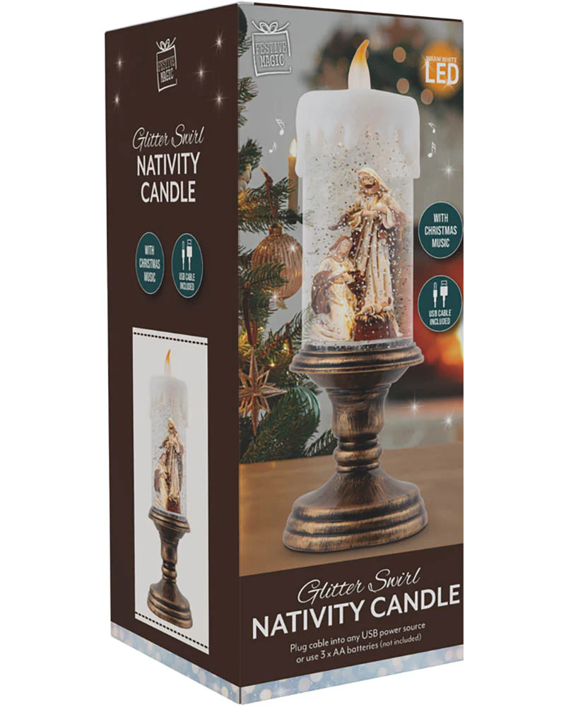 Nativity Pedestal Candle Glitter Swirl Christmas Decoration 28cm - Image 4