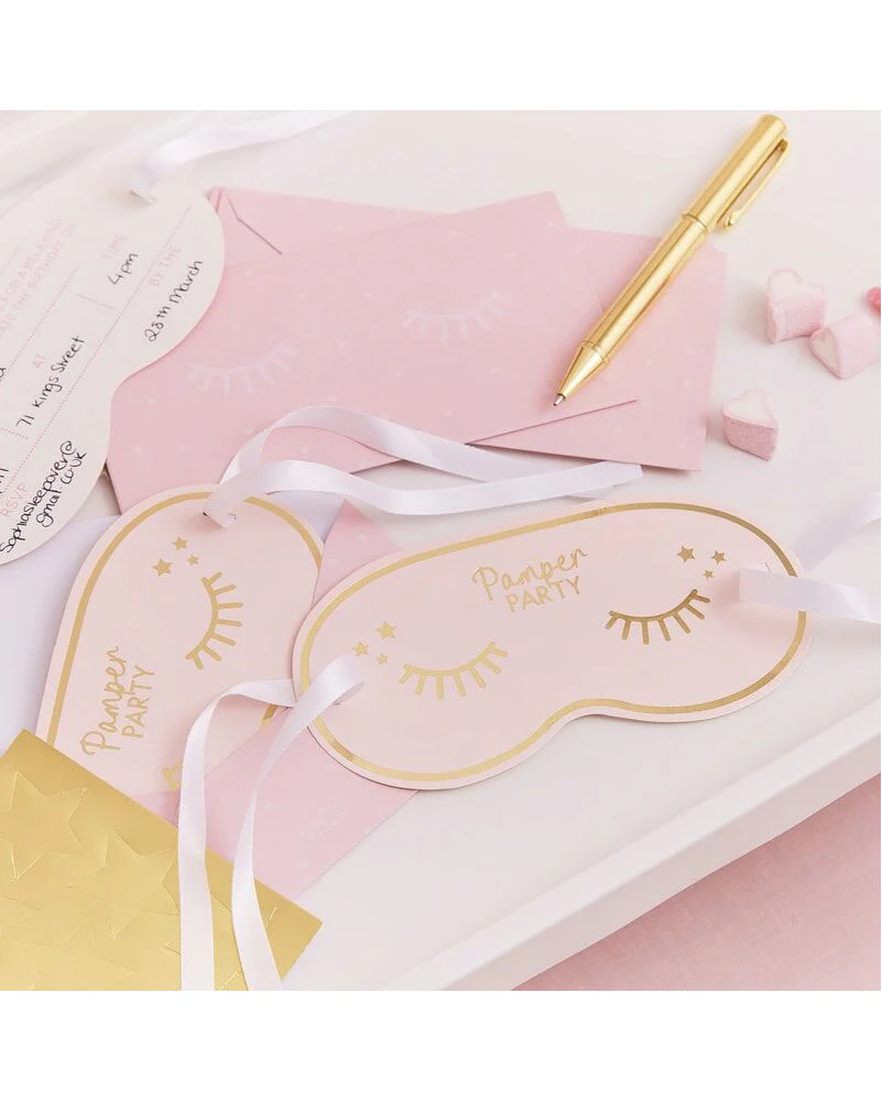 Pamper Party Gold Foiled Eye Mask Shaped Inivtation Pack of 5 - Image 2