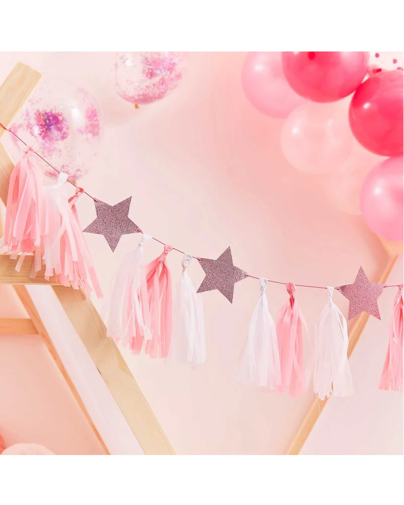 Pamper Party Pink Glitter Stars Tassel Garland - Image 2