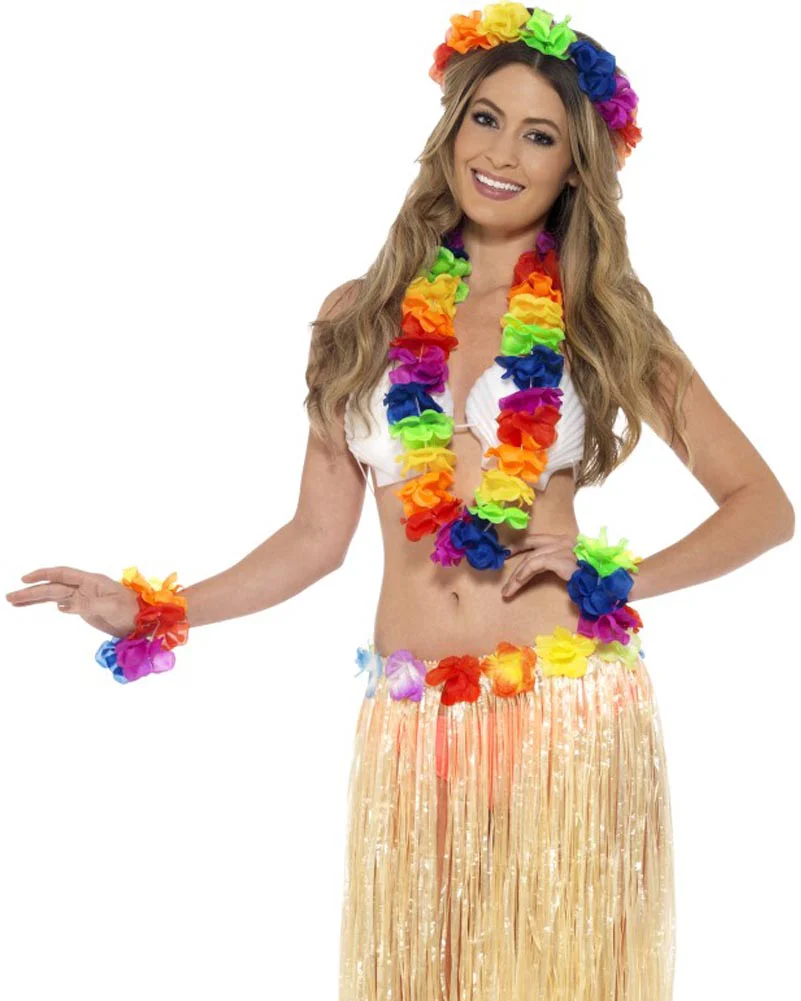 Rainbow Hawaiian Headband Lei and Wristbands Set - Image 2