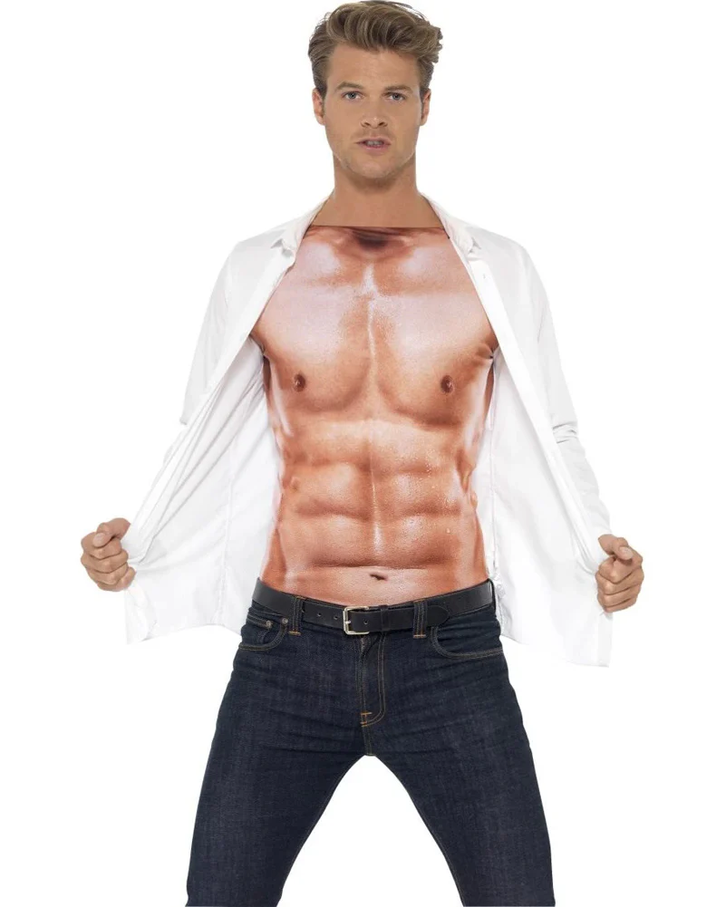 Realistic Muscle Top with Long Sleeves Mens Shirt - Image 2
