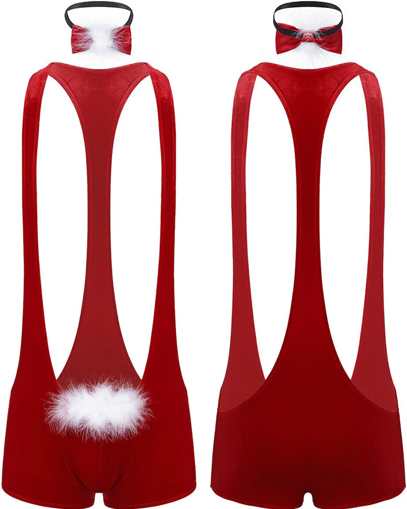 Santa Wrestling Suit with Bow Tie Gift Box Mankini Mens Christmas Costume - Image 2