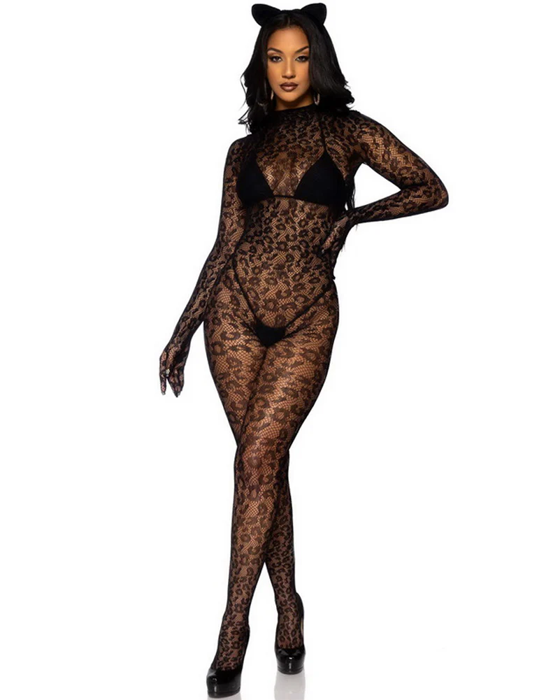 Seamless Leopard Net Gloved Catsuit - Image 3