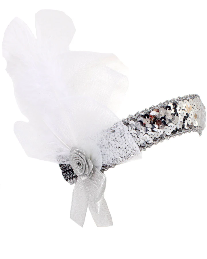 20s Silver Flower with White Ribbon Flapper Headband - Image 2