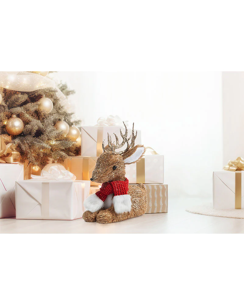 Sisal Sitting Reindeer with Red Scarf Christmas Decoration 31cm - Image 2
